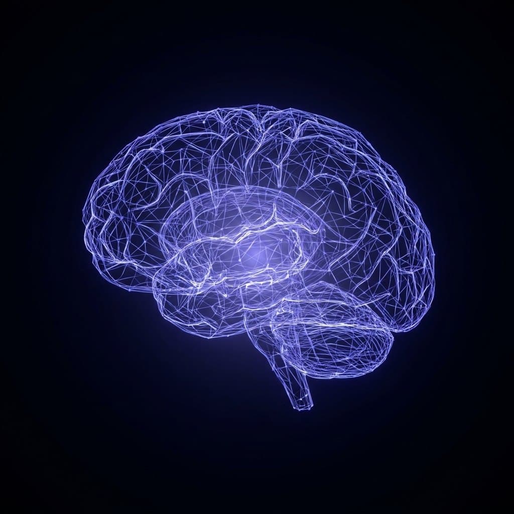 A glowing wireframe brain — the technological disruption Sonia builds through from the inside.