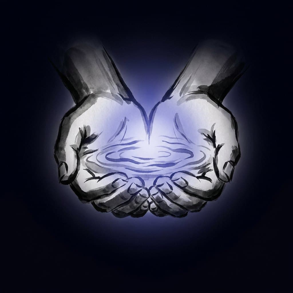 Two hands releasing a drop into rippling water — integrating AI from the inside, then sharing the tools that come from the work.