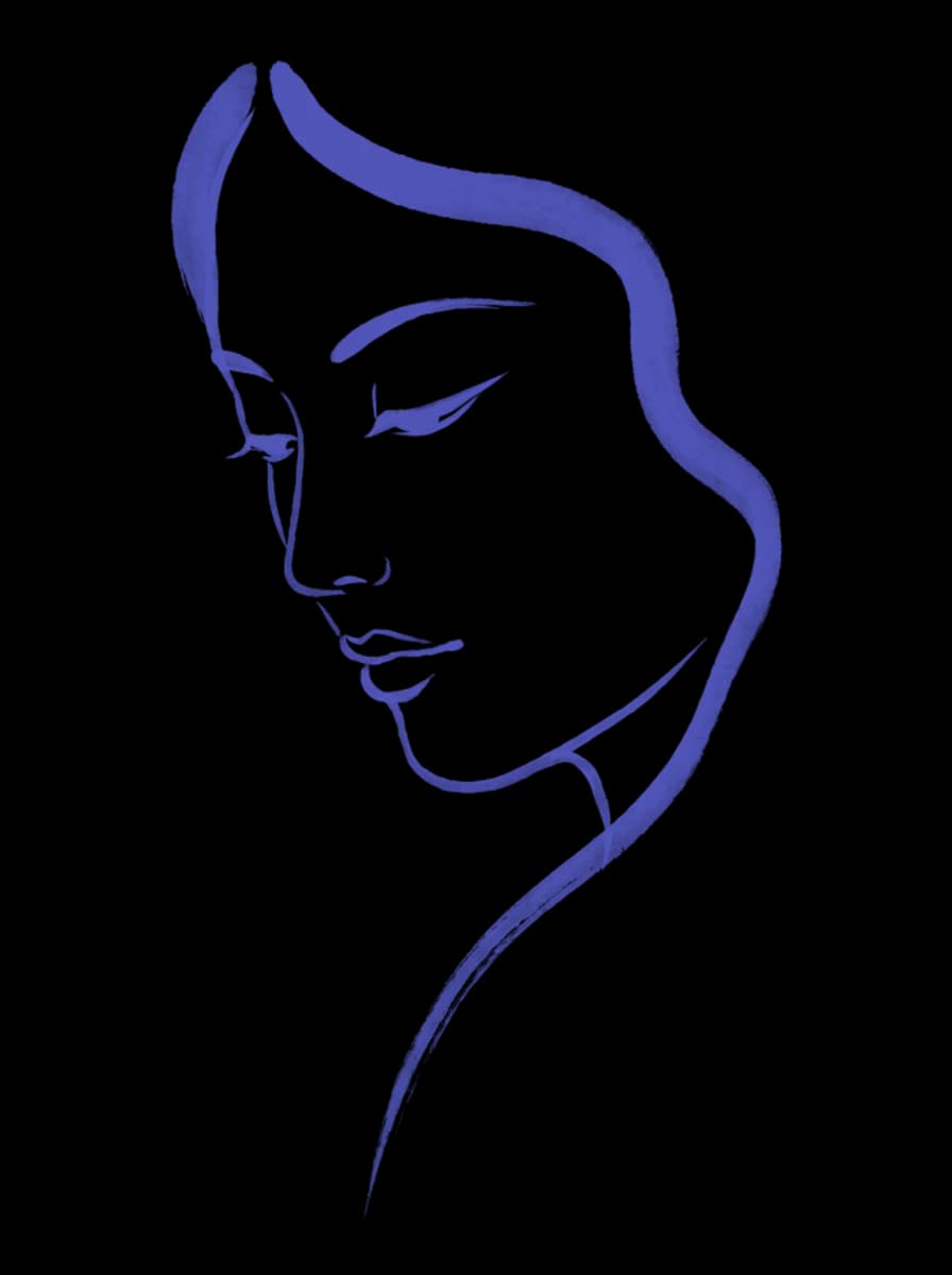 A single-line drawing of a woman in profile, eyes closed — the founder, building through the same disruption from the inside.